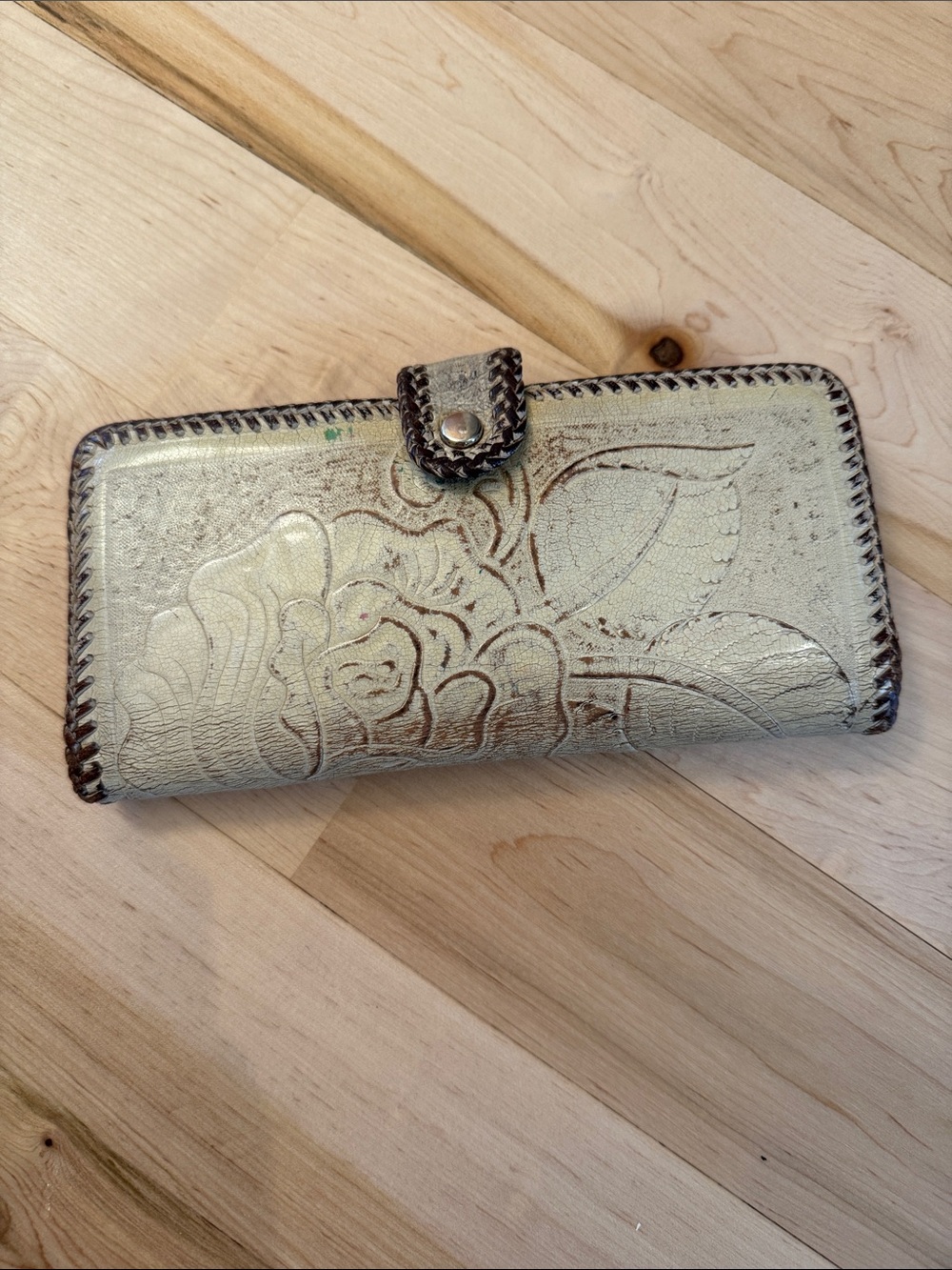 Vintage Hand Tooled Stitched Leather Wallet-Boho-70s-Read